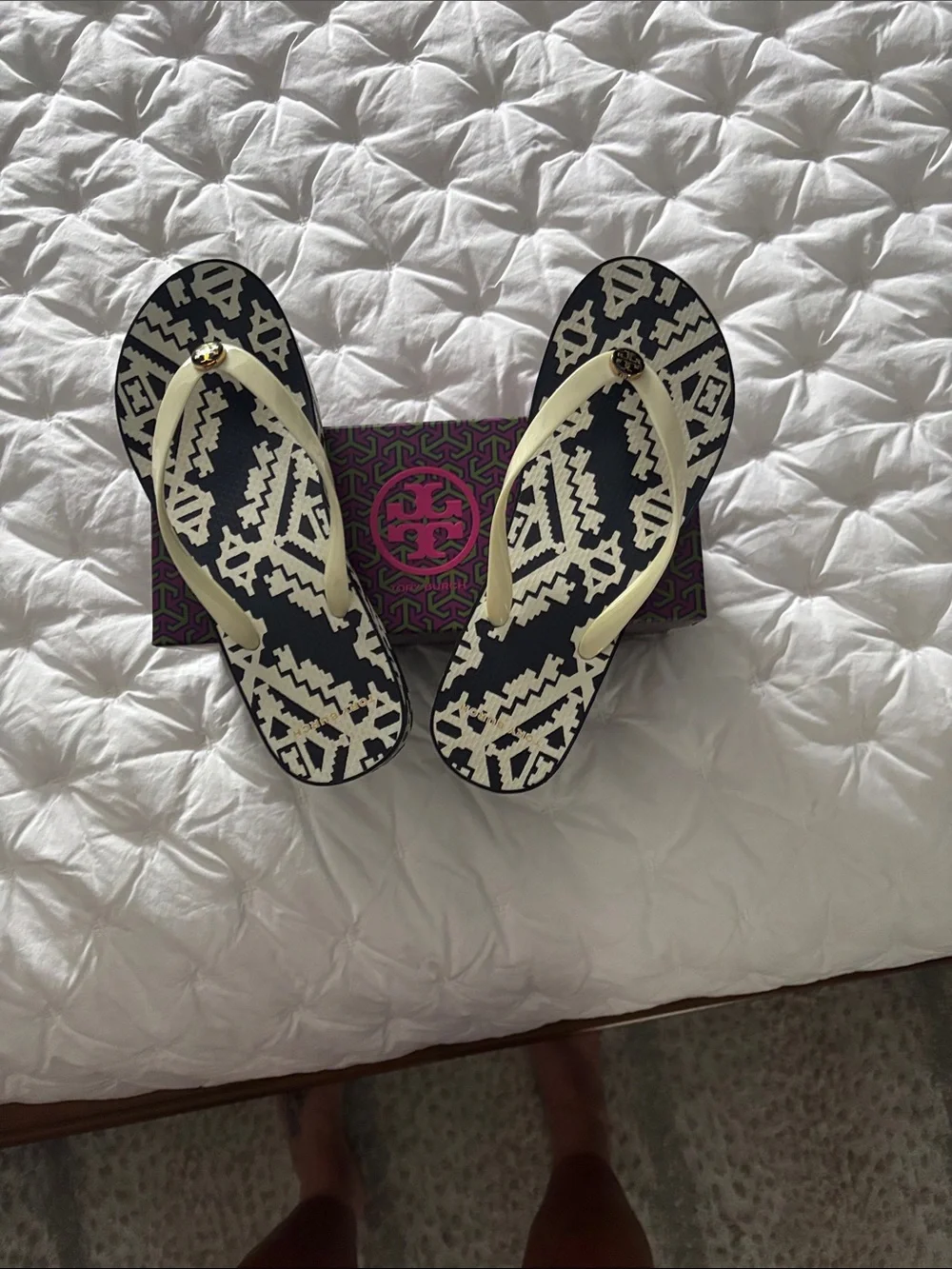 Tory Burch Black and Cream Geometric Flip Flops